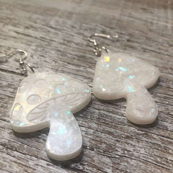 Mushroom Earrings - Handmade Pearlescent & Iridescent Rainbow Confetti - Picture 5 of 8